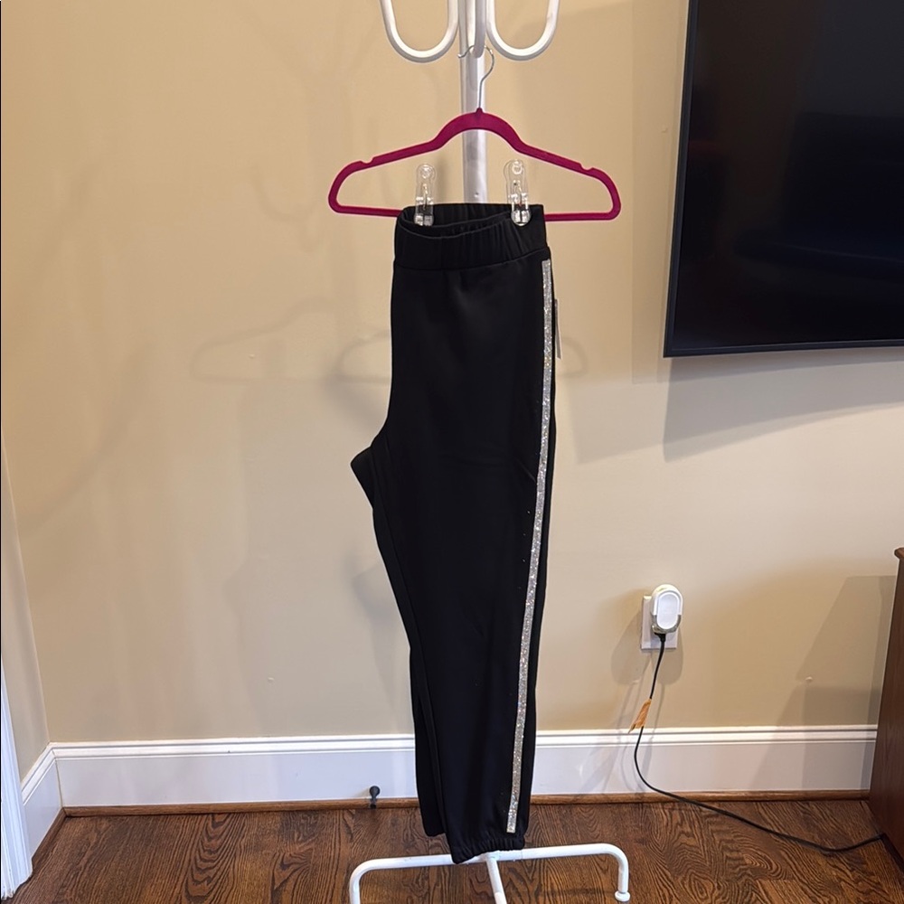 Black Track Pants with Silver Stripe